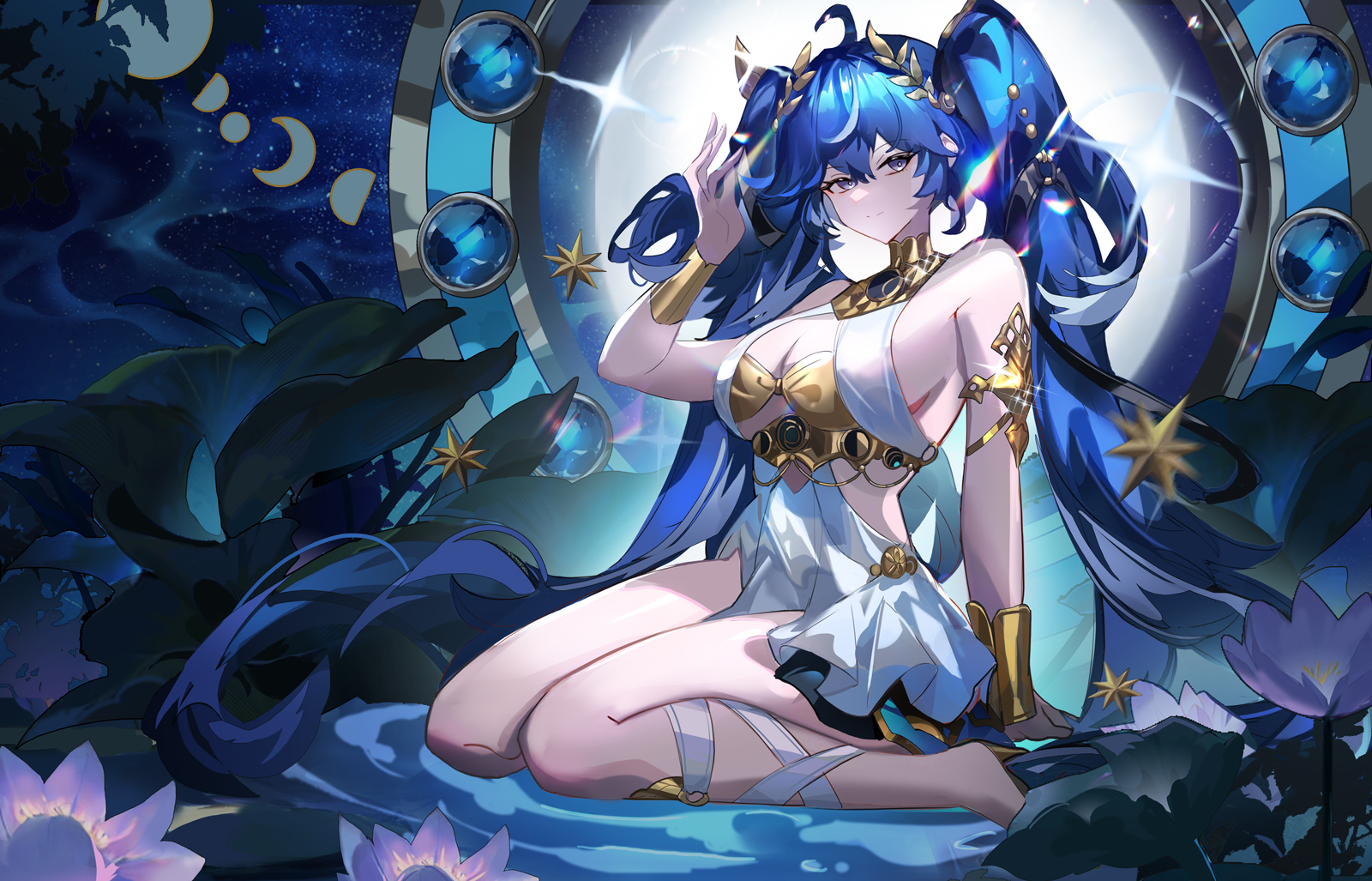 hibikissmoon, iuno (wuthering waves), wuthering waves, commentary, highres, 1girl, ahoge, ancient greek clothes, armlet, bare shoulders, blue eyes, blue hair, breasts, cleavage, closed mouth, gold bra, greco-roman clothes, hair between eyes, hand up, jewelry, large breasts, laurel crown, long hair, looking at viewer, sitting, smile, solo, thighs, twintails, vambraces, very long hair