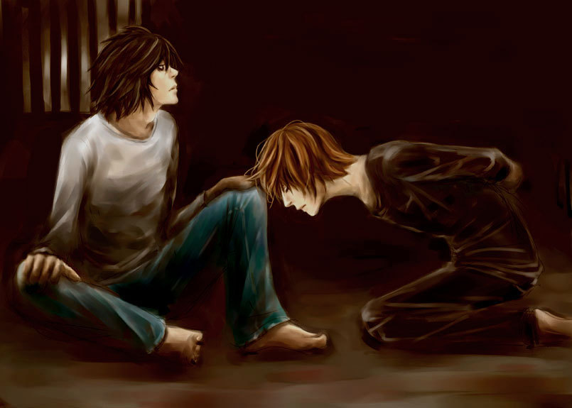 l (death note), yagami light, death note, 00s, barefoot, black hair, brown hair, closed eyes, kneeling, sitting