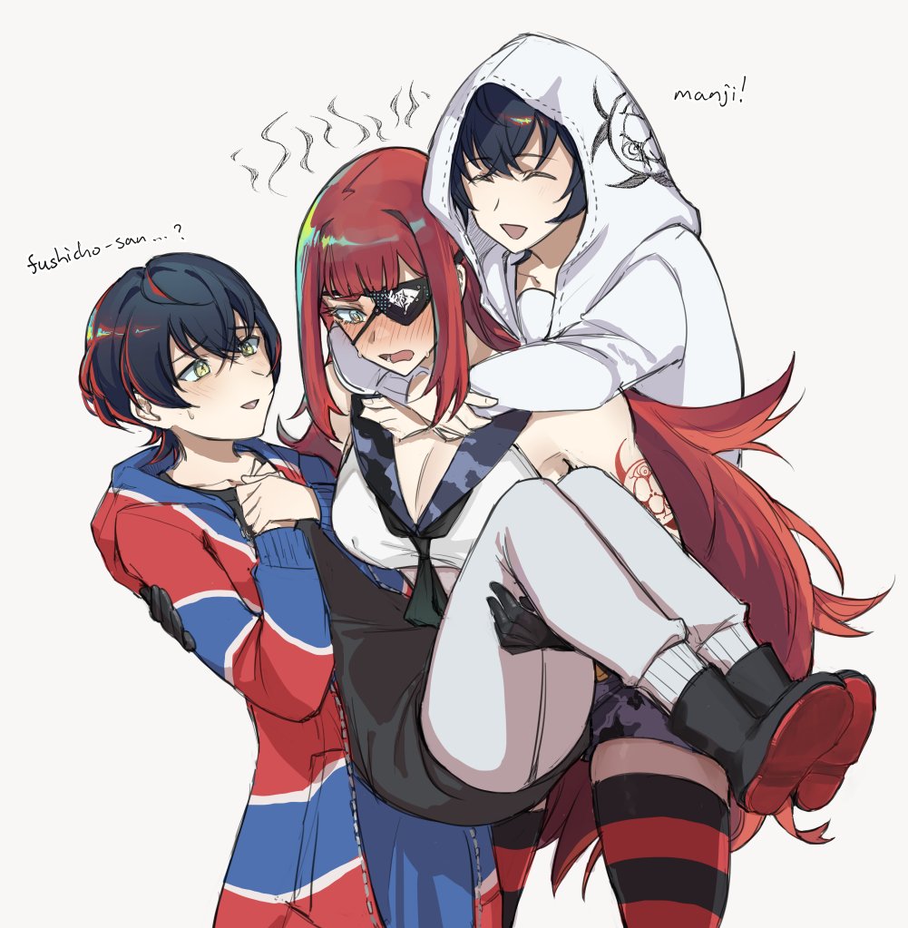 tencryingemojis, commentary, 3girls, arm tattoo, biohazard symbol, black hair, blush, breasts, carrying, carrying person, cleavage, dual persona, eyepatch, gloves, hair between eyes, holding, hug, jacket, light smile, long hair, long sleeves, manji fushicho, medium breasts, multiple girls, nervous, princess carry, red hair, rei shimobe, shirt, short hair, shuten order, simple background, sleeveless, sleeveless shirt, tattoo, white background, yellow eyes, yuri