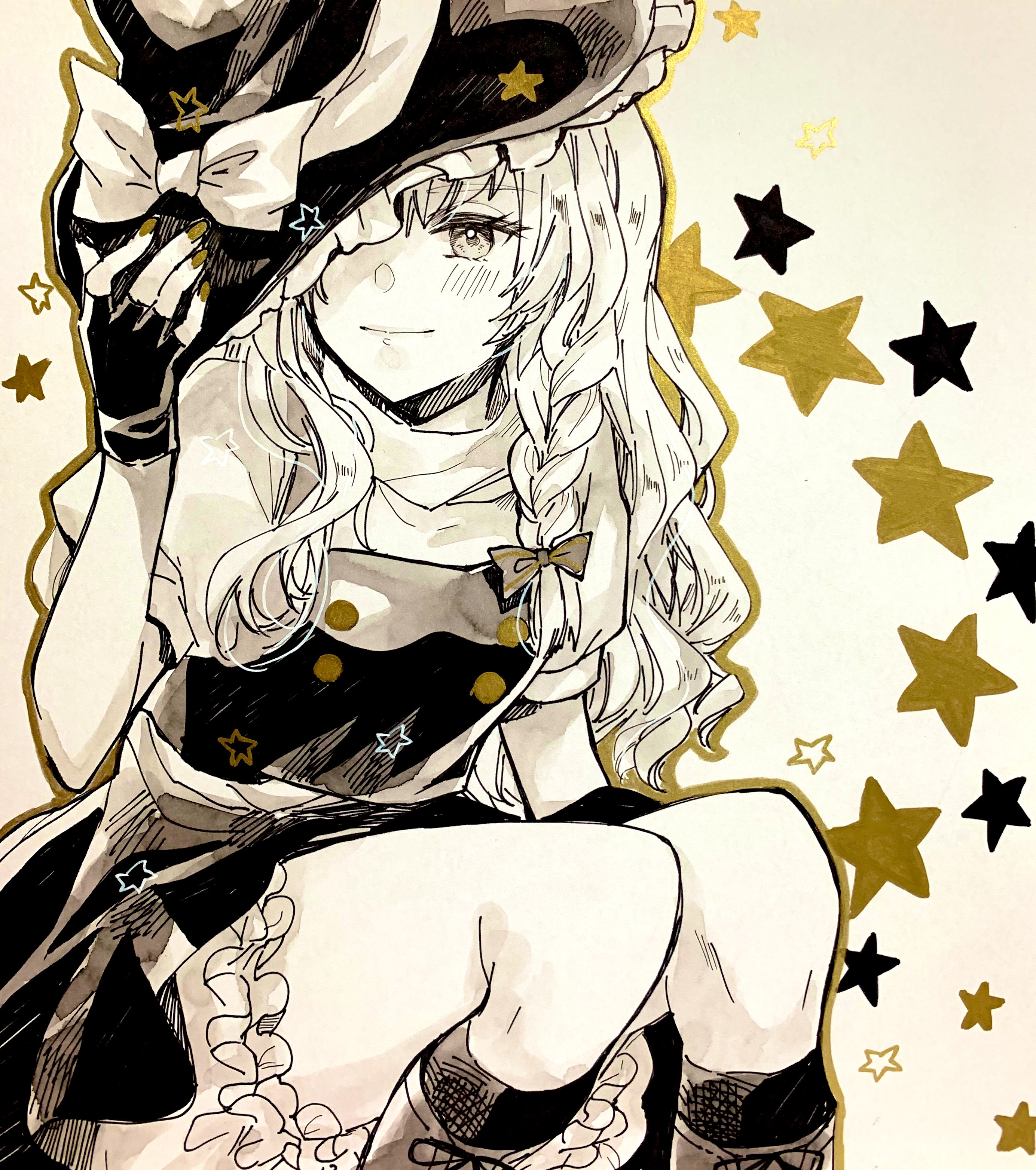 iori (akaringo), kirisame marisa, touhou, absurdres, highres, 1girl, black skirt, braid, fingerless gloves, gloves, long hair, short sleeves, side braid, skirt, solo, spot color, star (symbol), wavy hair, white background