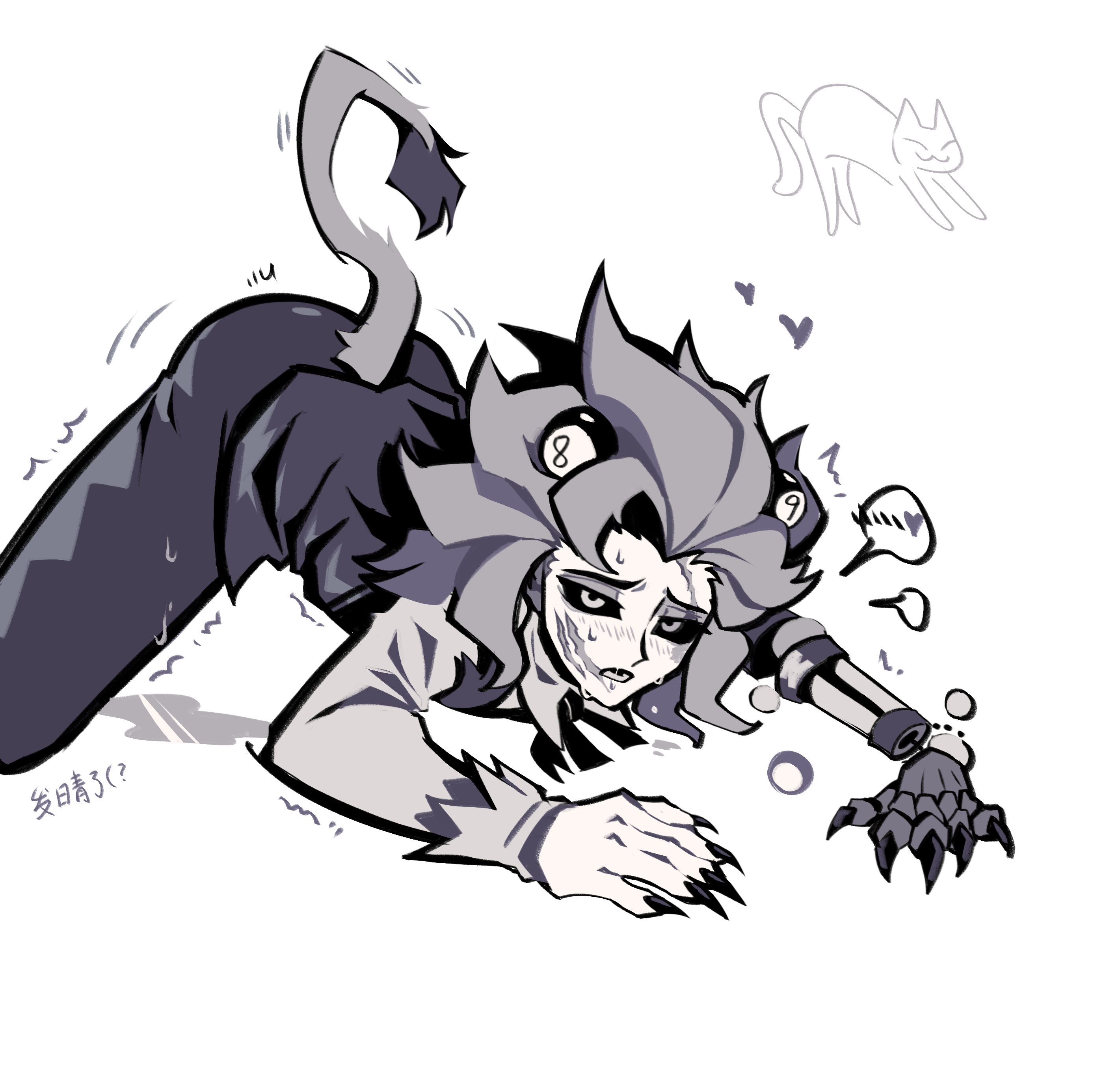 identity v, absurdres, highres, 1boy, arched back, ball, billiard ball, black sclera, cat, cat stretch, claws, colored sclera, greyscale, heterochromia, lion tail, looking at viewer, male focus, marcus thorne, mechanical arms, medium hair, monochrome, open magazine, prosthesis, prosthetic arm, raised inner eyebrows, scar, scar on face, shaking, shirt, single mechanical arm, stretching, striped blush, sweat, tail, top-down bottom-up, white shirt, yalishanle