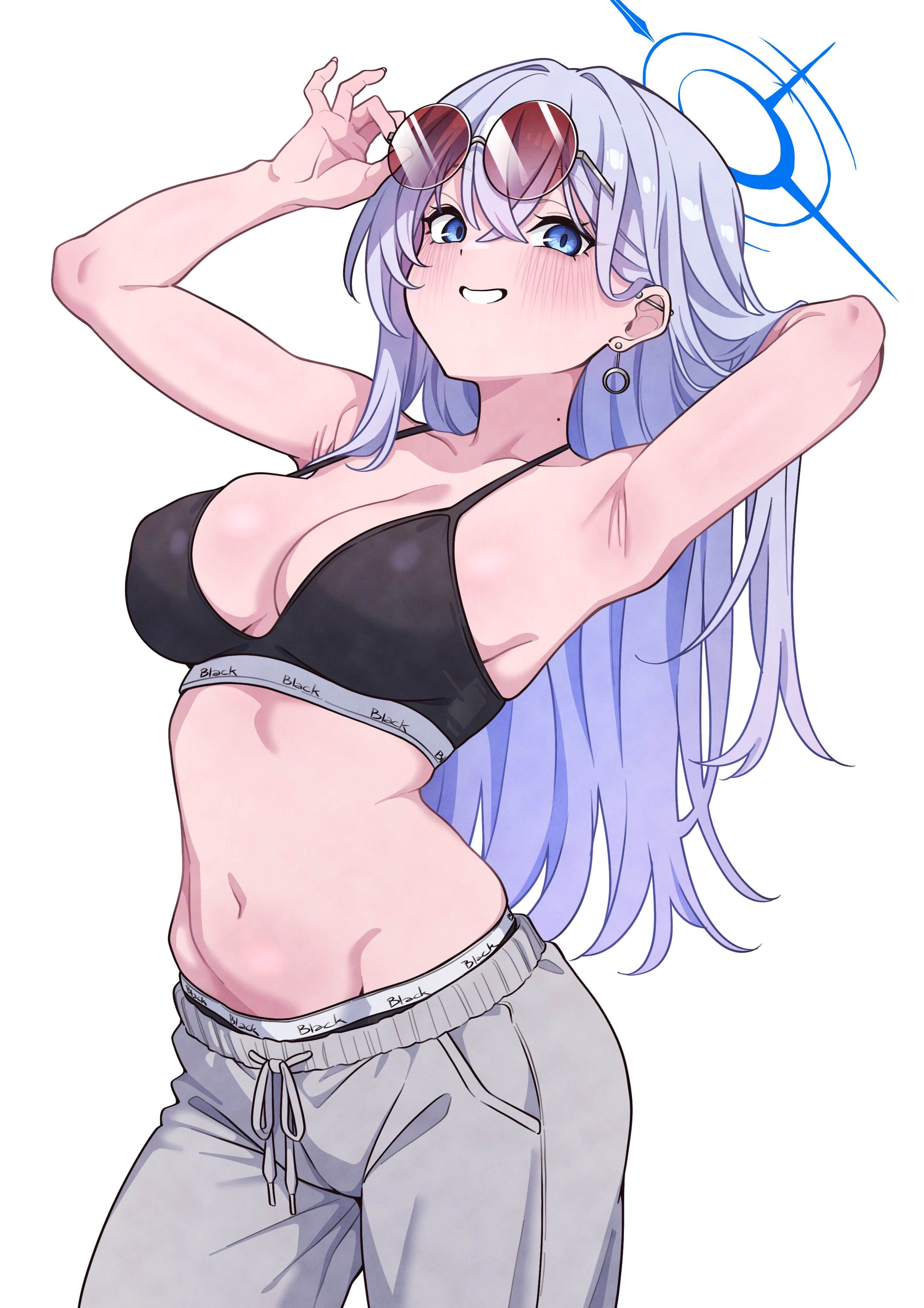 mekato, absurdres, character request, commentary, copyright request, highres, symbol-only commentary, 1girl, adjusting eyewear, arm behind head, armpits, black sports bra, blue eyes, blue halo, breasts, cleavage, clothes writing, cowboy shot, earrings, grin, halo, jewelry, large breasts, long hair, navel, purple hair, red-tinted eyewear, round eyewear, simple background, smile, solo, sports bra, stomach, tinted eyewear, underwear writing, white background