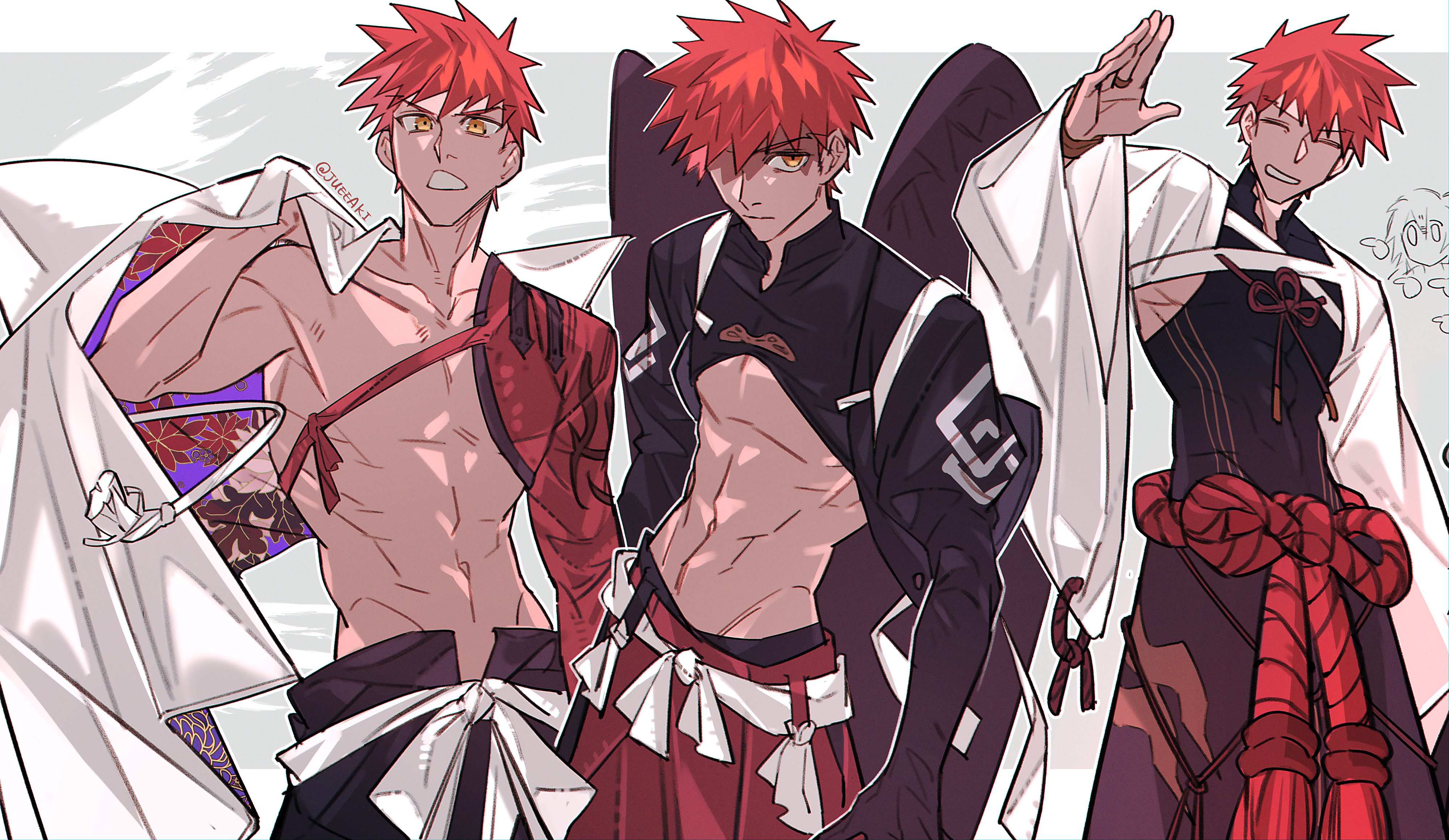 eeju, emiya shirou, fujimaru ritsuka (female), senji muramasa (fate), fate/grand order, fate (series), absurdres, highres, 1boy, abs, bare pectorals, black pants, grin, male focus, multiple views, navel, orange eyes, pants, parted lips, pectorals, red hair, red pants, short hair, smile, spiked hair, toned, toned male, underpec, wide sleeves