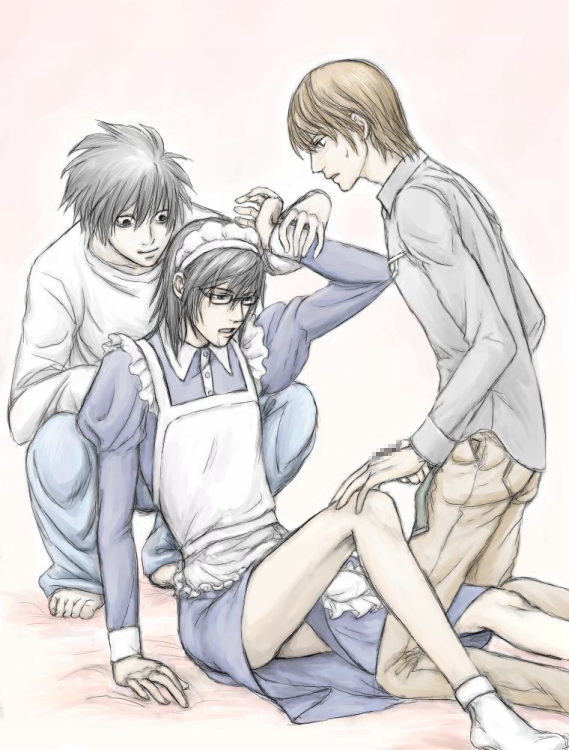 l (death note), mikami teru, yagami light, death note, 00s, censored, crossdressing