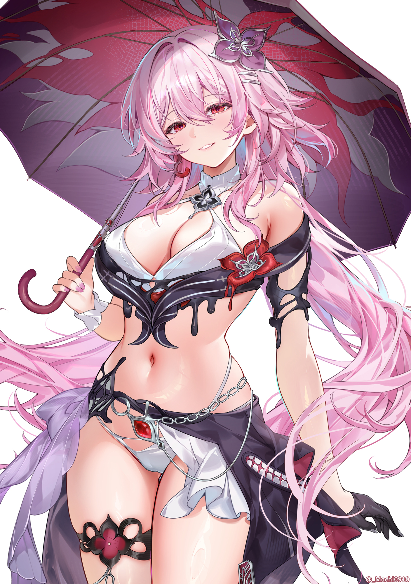 machi (machi0910), evernight (honkai: star rail), march 7th (honkai: star rail), honkai: star rail, honkai (series), commentary, highres, 1girl, adapted costume, armpit crease, bare shoulders, bikini, black gloves, black sarong, breasts, chain, cleavage, cowboy shot, earrings, fingernails, flower, gloves, hair between eyes, hair flower, hair ornament, hairclip, holding, holding umbrella, jewelry, large breasts, long hair, looking at viewer, nail polish, navel, parallel hairclips, parted lips, pink hair, pink nails, purple flower, red eyes, sarong, simple background, single earring, single glove, smile, solo, stomach, swimsuit, thighlet, thighs, twitter username, umbrella, very long hair, white background, white bikini