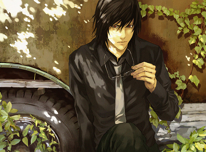 mikami teru, death note, artist request, 00s, black hair, glasses, necktie, plant, red eyes, unused tire, vines, wheel