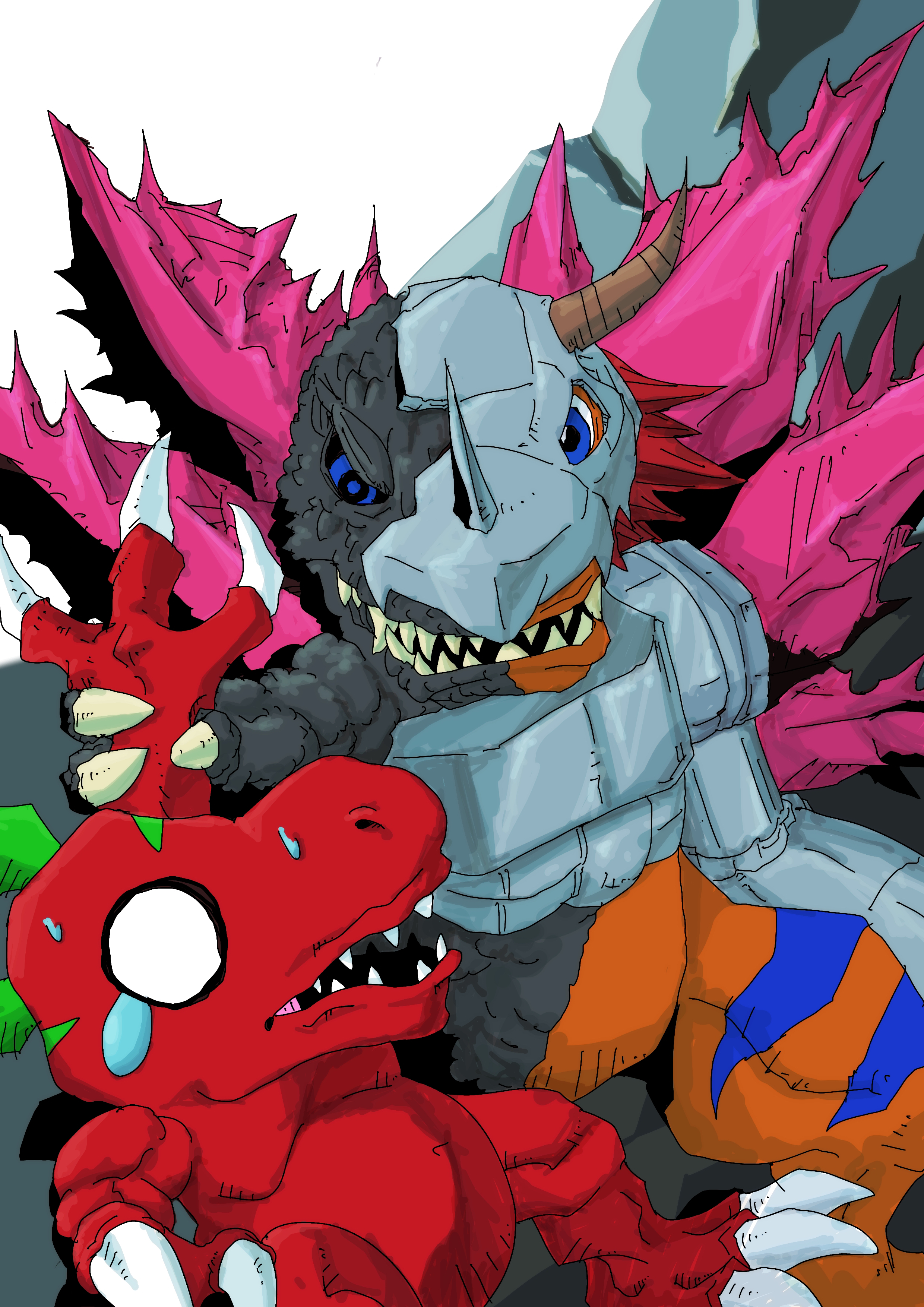 metalgreymon g erosion mode, tyranomon, digimon, godzilla (series), toho, absurdres, highres, claws, crossover, cyborg, digimon (creature), looking at another, pixiv user (110056627), sharp teeth, teeth, wings