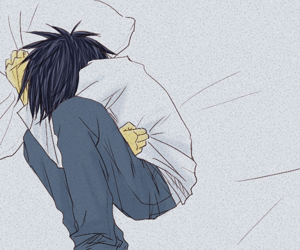 l (death note), death note, 00s, bed, bed sheet, black hair, lying, pillow