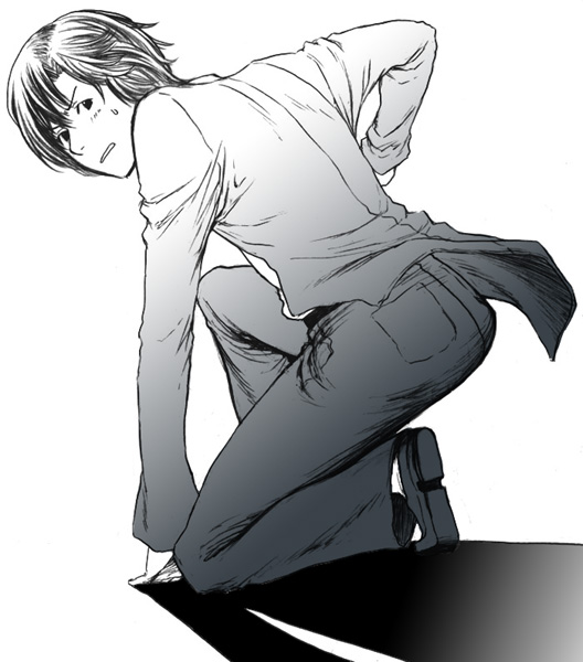 matsuda touta, death note, 00s, kneeling, monochrome, sweat