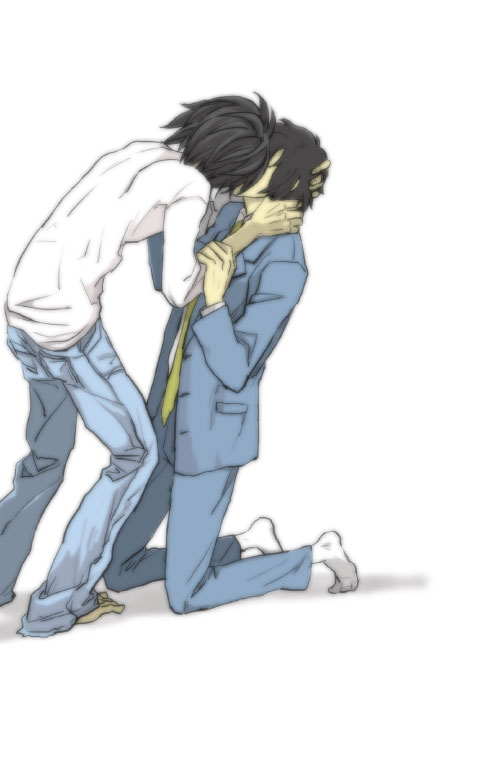 l (death note), matsuda touta, death note, hand on head, 00s, 2boys, barefoot, black hair, brown hair, formal clothes, kiss, kneeling, male focus, multiple boys, necktie, socks, suit, yaoi