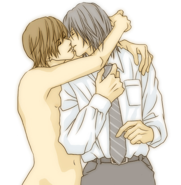 mikami teru, yagami light, death note, silver hair, 00s, 2boys, brown hair, closed eyes, dressing, formal clothes, kiss, long sleeves, male focus, multiple boys, navel, necktie, nude, shirt, simple background, suit, white background, yaoi