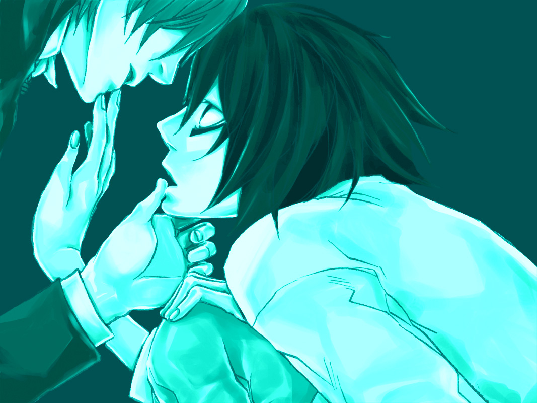 l (death note), yagami light, death note, 00s, 2boys, male focus, monochrome, multiple boys, open mouth