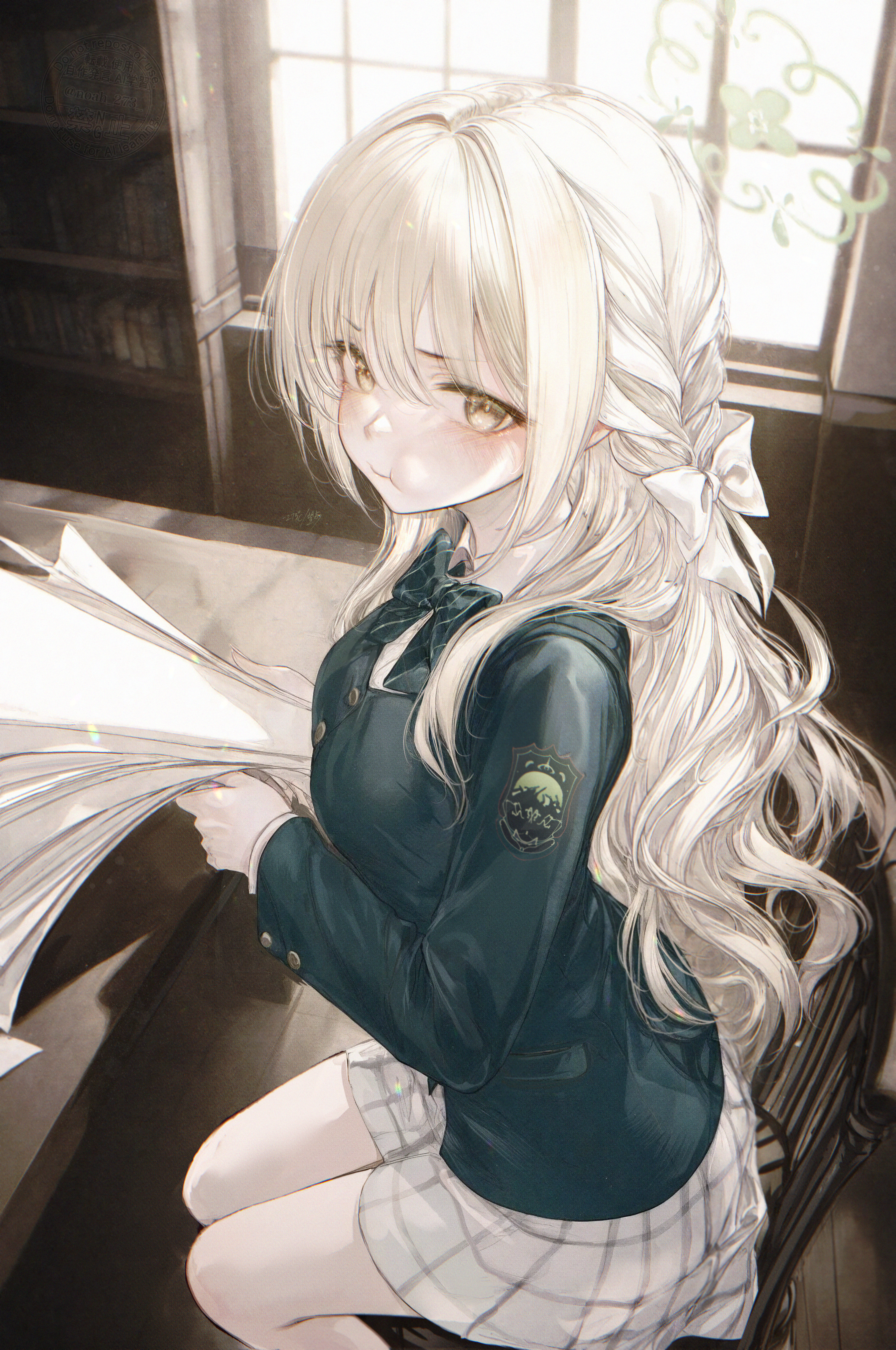 renoahh, blue archive, absurdres, highres, 1girl, blonde hair, blush, bow, braid, chair, collared shirt, diagonal-striped bow, green bow, green halo, green jacket, hair between eyes, hair bow, halo, holding, holding paper, jacket, long hair, looking at viewer, on chair, paper, pout, shirt, sidelocks, sitting, skirt, solo, striped bow, white bow, white shirt, white skirt, yellow eyes