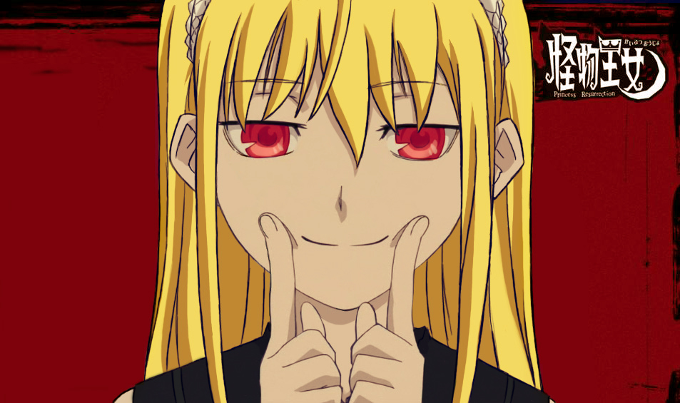 hime (kaibutsu oujo), yin (darker than black), kaibutsu oujo, source request, third-party edit, blonde hair, fingersmile, parody, smile