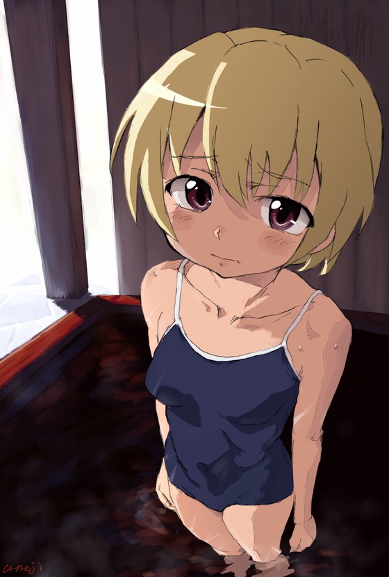 negoro shuujirou, houjou satoko, higurashi no naku koro ni, bad id, bad pixiv id, 00s, 1girl, blonde hair, child, collarbone, female focus, one-piece swimsuit, purple eyes, short hair, solo, standing, swimsuit, water