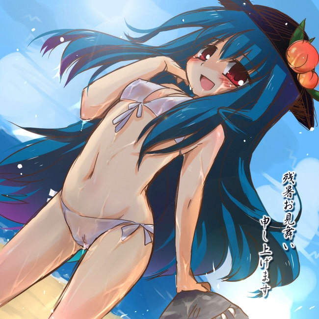 akino ochiba, hinanawi tenshi, touhou, translated, 1girl, bikini, day, female focus, hat, side-tie bikini bottom, solo, swimsuit, wet, white bikini, zanshomimai
