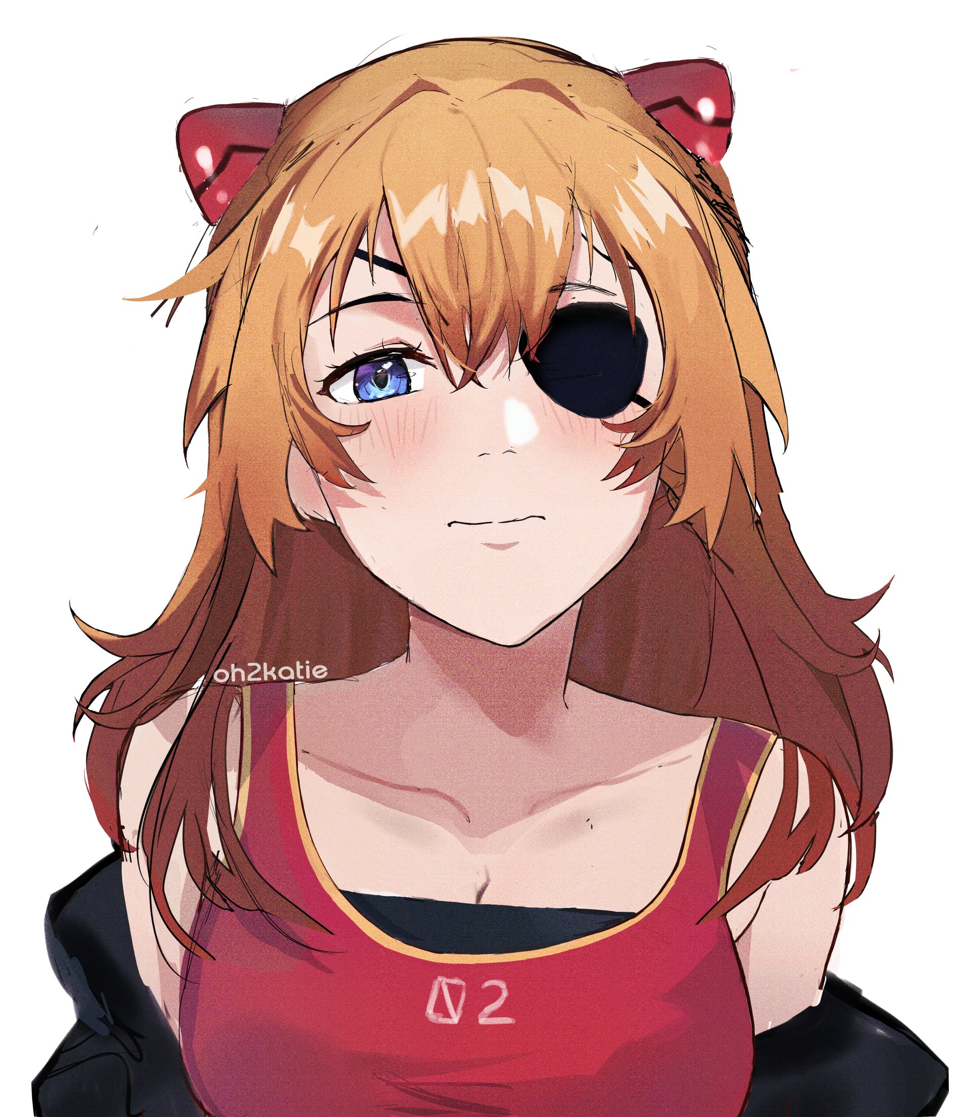 k at ie (hxk82), souryuu asuka langley, neon genesis evangelion, commentary, english commentary, highres, unfinished, 1girl, artist name, bare shoulders, black jacket, blue eyes, blush, breasts, closed mouth, clothes pull, collarbone, eyelashes, eyepatch, hair between eyes, hair ornament, hairclip, interface headset (evangelion), jacket, jacket pull, long hair, looking at viewer, medium breasts, nose, orange hair, portrait, red tank top, simple background, solo, tank top, white background
