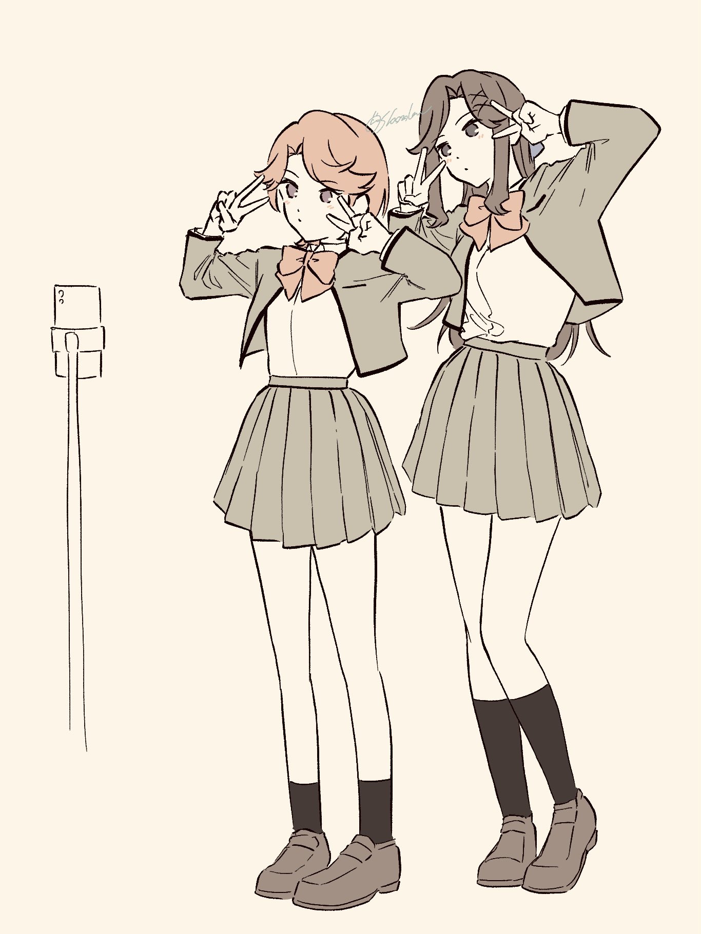 shozoku, isurugi futaba, tendou maya, shoujo kageki revue starlight, commentary request, highres, 2girls, black socks, blue bow, bow, bowtie, brown background, brown hair, brown shoes, cellphone, closed mouth, double v, full body, grey jacket, grey skirt, hair bow, hair ornament, hands up, head tilt, heel up, jacket, kneehighs, light blush, loafers, long hair, looking at object, miniskirt, multiple girls, no pupils, open clothes, open jacket, parted bangs, phone, pleated skirt, purple eyes, red bow, red bowtie, red hair, school uniform, seishou music academy uniform, selfie, selfie stick, shirt, shirt tucked in, shoes, short hair, sidelocks, simple background, skirt, smartphone, socks, standing, v, white shirt, x hair ornament