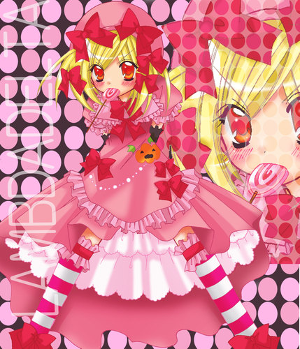 lambdadelta, umineko no naku koro ni, lowres, 00s, 1girl, blonde hair, bow, candy, dress, female focus, food, food-themed clothes, hair bow, hat, lollipop, multiple hair bows, orange eyes, pink background, pink dress, pink hat, pink theme, ribbon, short hair, solo, swirl lollipop