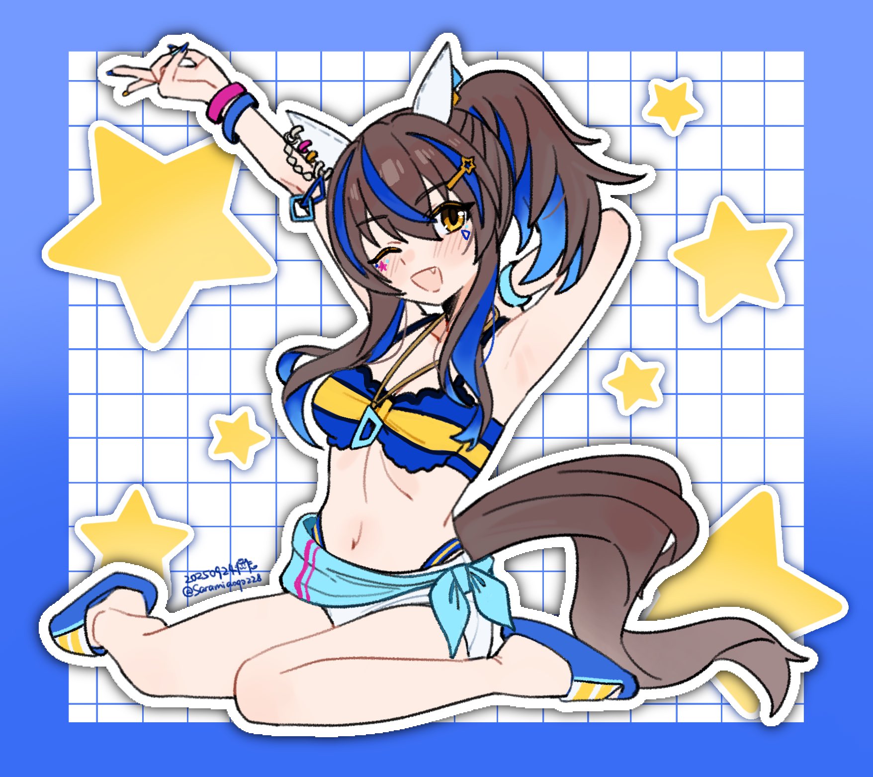 saramiao-chan, daitaku helios (umamusume), umamusume, highres, alternate costume, animal ears, armpits, arms up, bikini, black hair, breasts, dated, fang, fingernails, full body, hair between eyes, hair ornament, horse ears, horse tail, long hair, looking at viewer, medium breasts, multicolored hair, navel, one eye closed, simple background, star (symbol), swimsuit, tail, two-tone hair, v