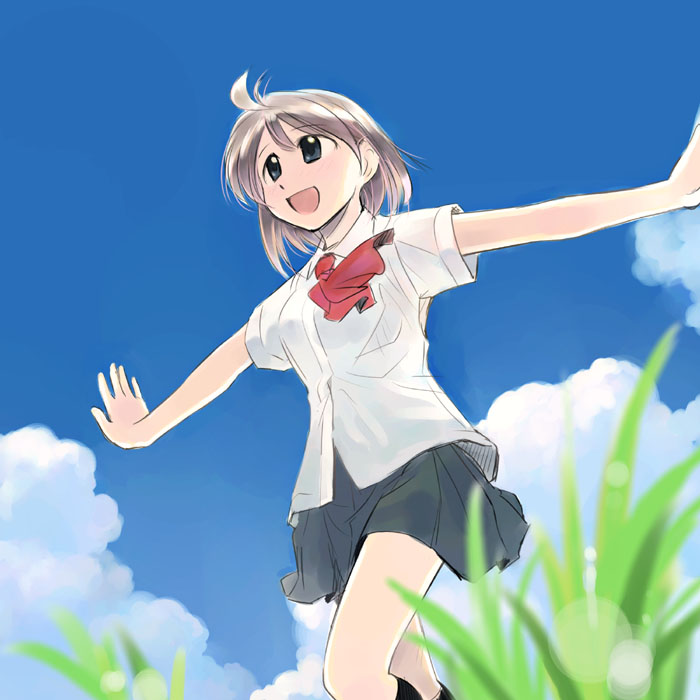 ikeda jun (mizutamari), original, 1girl, cloud, day, female focus, grass, happy, outstretched arms, running, sky, solo, spread arms