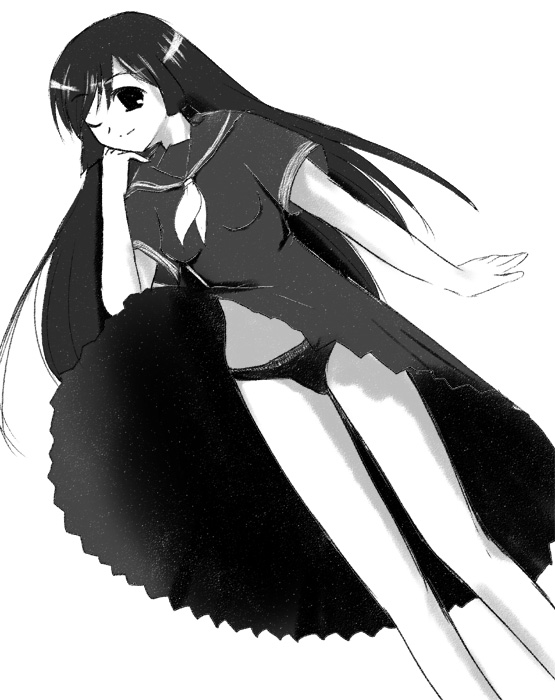 kamura reiri, kaibutsu oujo, 00s, 1girl, cowboy shot, female focus, monochrome, panties, school uniform, serafuku, simple background, solo, standing, underwear, vampire, white background