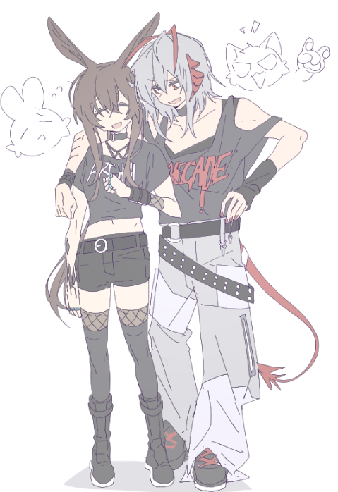 hamha s, amiya (arknights), w (arknights), arknights, 2girls, alternate costume, animal ears, antenna hair, belt, black arm warmers, black boots, black thighhighs, boots, brown hair, closed eyes, clothing cutout, collar, crossed bangs, demon tail, denim, grey hair, grey shirt, hair between eyes, horns, jeans, long hair, medium hair, midriff peek, multiple girls, open mouth, pants, patchwork clothes, punk, rabbit ears, red hair, red horns, shirt, shoulder cutout, sidelocks, sleeveless, sleeveless shirt, smile, standing, t-shirt, tail, thighhighs, very long hair