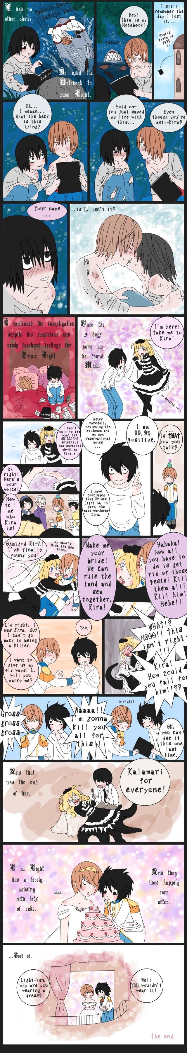 amane misa, mikami teru, yagami light, death note, disney, the little mermaid, bad tag, absurdres, highres, long image, tall image, comic, yaoi