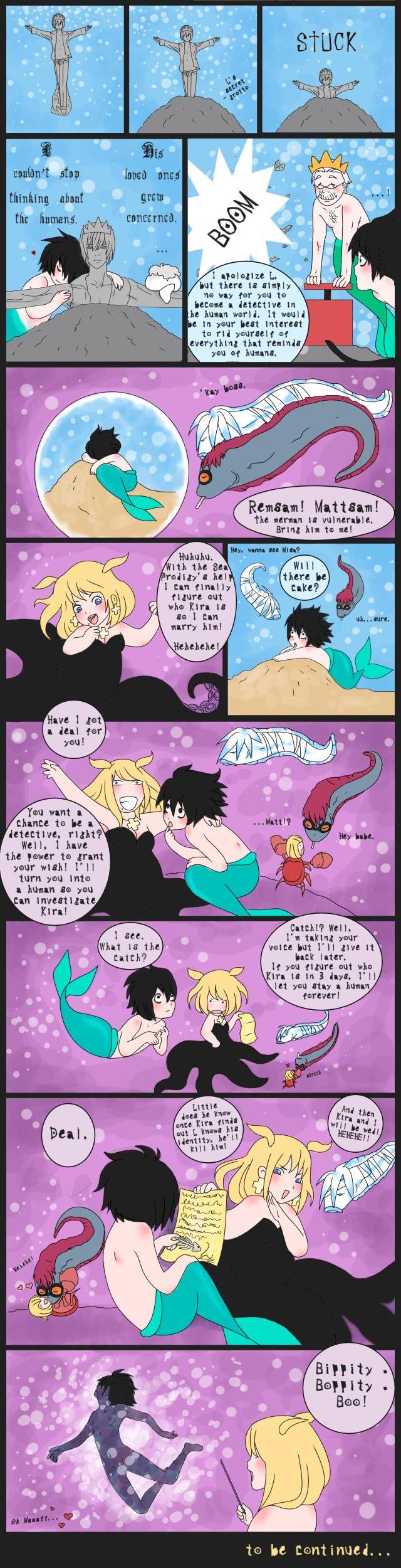 amane misa, matt, mello, rem, watari, yagami light, death note, disney, the little mermaid, bad tag, absurdres, highres, long image, tall image, comic, parody, yaoi