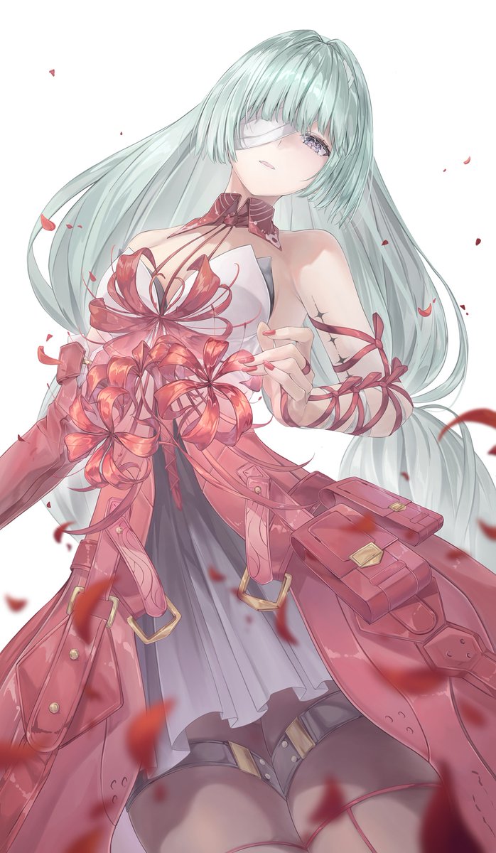mizuasagi35181, phrolova (wuthering waves), wuthering waves, commentary, highres, 1girl, bandage over one eye, bare shoulders, black pantyhose, black skirt, blurry, blurry foreground, braid, breasts, cowboy shot, dress, falling petals, grey eyes, grey hair, halter dress, halterneck, long hair, looking at viewer, low twin braids, medium breasts, pantyhose, parted lips, petals, red dress, red petals, simple background, skirt, solo, tacet mark (wuthering waves), twin braids, white background