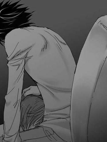 l (death note), yagami light, death note, lowres, 00s, 2boys, convenient censoring, fellatio, gradient background, implied fellatio, male focus, multiple boys, oral, yaoi