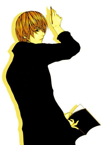 yagami light, death note, 00s, 1boy, blonde hair, book, brown eyes, male focus, pen, simple background, solo