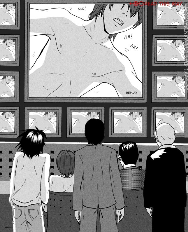 l (death note), matsuda touta, watari, yagami light, yagami soichiro, yagami souichirou, death note, 00s, monitor, monochrome, sitting, television, what