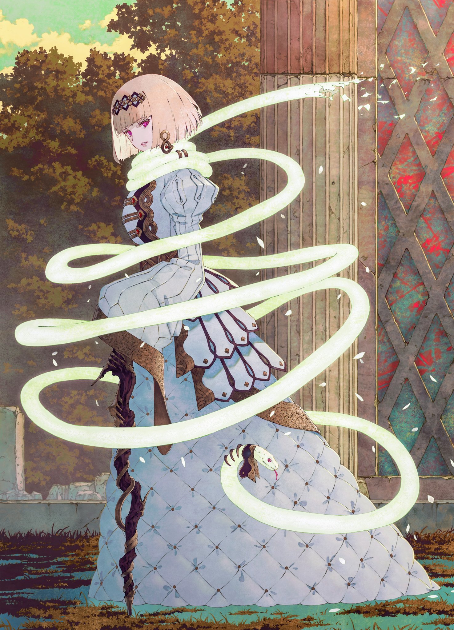 shinkami hiroki, copyright request, highres, 1girl, bob cut, day, dress, from side, full body, long hair, looking at viewer, ruins, snake, solo, tree, white dress, wide sleeves
