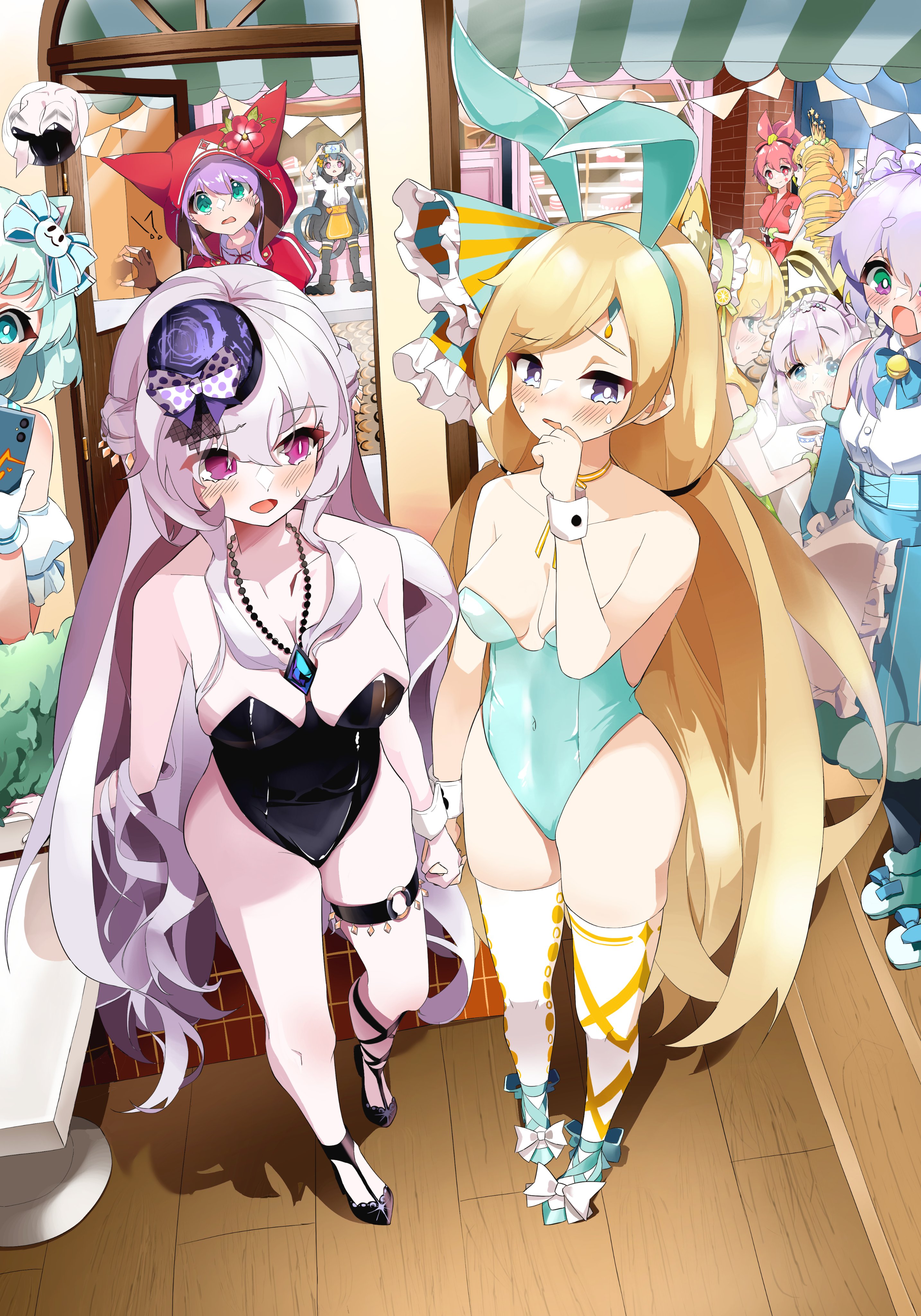 maimai (game), absurdres, character request, highres, 6+girls, alternate costume, animal ears, blonde hair, blue eyes, blush, breasts, fake animal ears, holding hands, leotard, long hair, multiple girls, open mouth, phone, playboy bunny, purple eyes, rabbit ears, smood, strapless, strapless leotard, thighhighs, twintails, very long hair, white hair, wrist cuffs