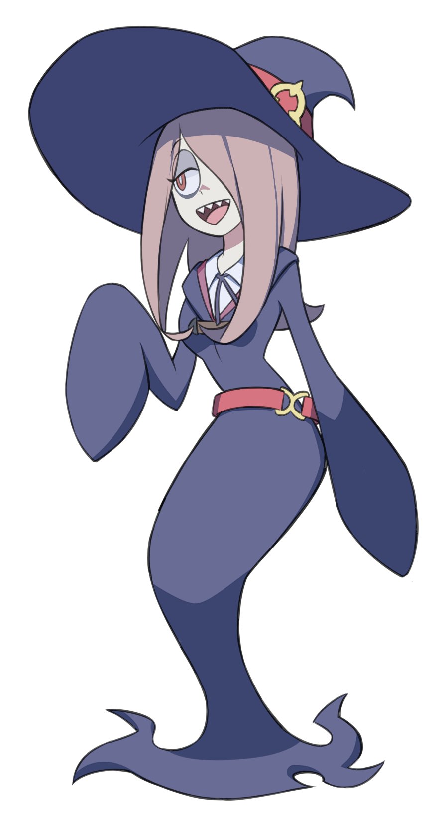 flowerpigeon, sucy manbavaran, little witch academia, highres, 1girl, :d, bags under eyes, belt, full body, hair over one eye, half-closed eye, hat, long hair, luna nova school uniform, open mouth, pink hair, school uniform, sharp teeth, sleeves past fingers, sleeves past wrists, smile, solo, standing, teeth, upper teeth only, white background, witch hat