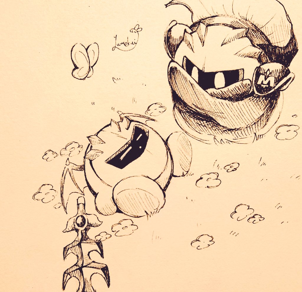 kirby, meta knight, meta knight sword kirby, morpho knight (butterfly), sword kirby, kirby (series), kirby and the forgotten land, nintendo, 2boys, brown background, brown theme, bug, butterfly, closed eyes, closed mouth, copy ability, flower, galaxia (sword), insect, looking at another, lying, mask, multiple boys, on back, petals, signature, sketch, sleeping, sword, weapon, yumekui mk
