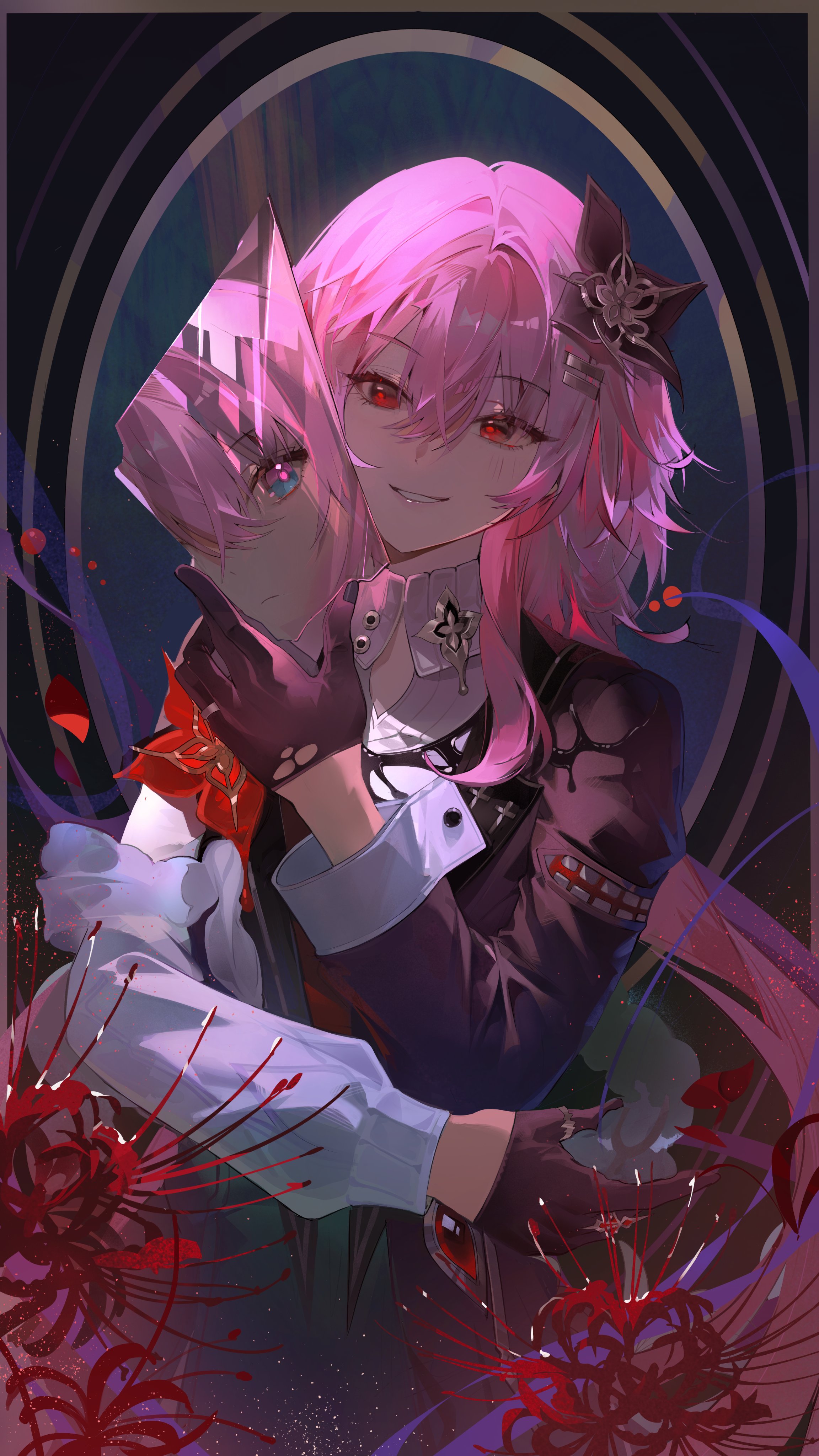 buri (retty9349), evernight (honkai: star rail), march 7th (honkai: star rail), march 7th (preservation) (honkai: star rail), honkai: star rail, honkai (series), absurdres, highres, 1girl, black dress, black flower, black gloves, dress, flower, gloves, hair between eyes, hair flower, hair ornament, long hair, long sleeves, looking at viewer, official alternate costume, official alternate eye color, official alternate hair length, official alternate hairstyle, parted lips, pink hair, red eyes, smile