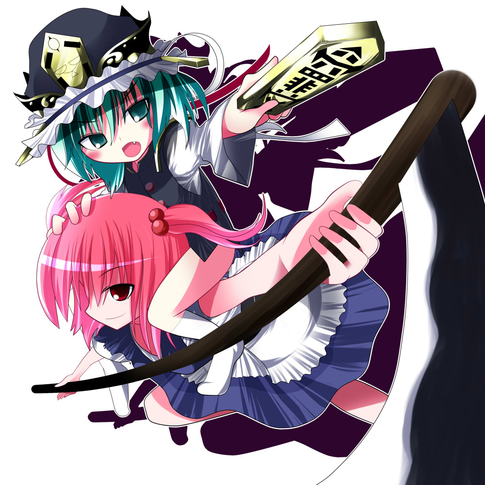 benerokku, onozuka komachi, shiki eiki, touhou, 2girls, blush, carrying, fang, female focus, green eyes, green hair, hat, multiple girls, pointing, red eyes, red hair, ribbon, rod of remorse, scythe, short hair, simple background, white background