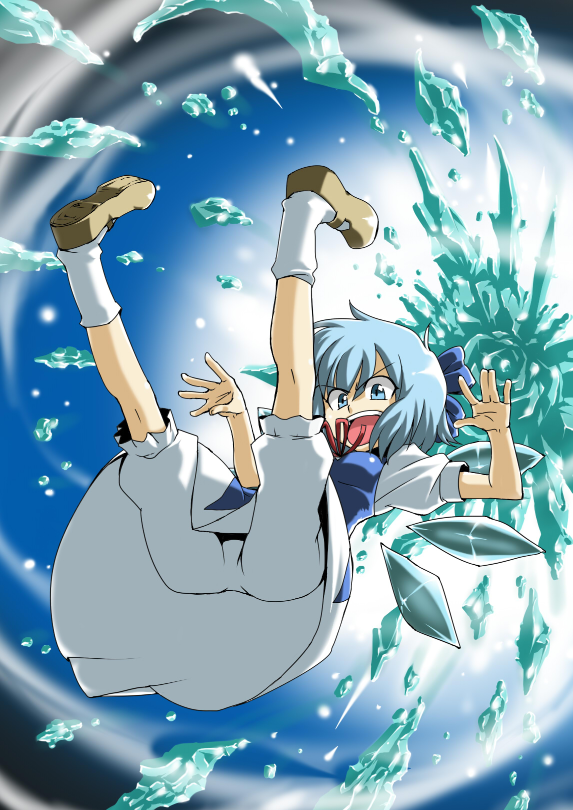 tukiwani, cirno, embodiment of scarlet devil, touhou, highres, 1girl, bloomers, blue hair, female focus, ice, ribbon, short hair, solo, underwear, white bloomers, wings