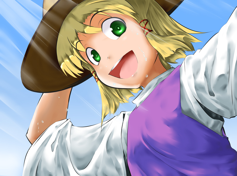 byoin, moriya suwako, touhou, 1girl, blonde hair, female focus, gradient background, hat, outdoors, ribbon, short hair, sky, solo, upper body