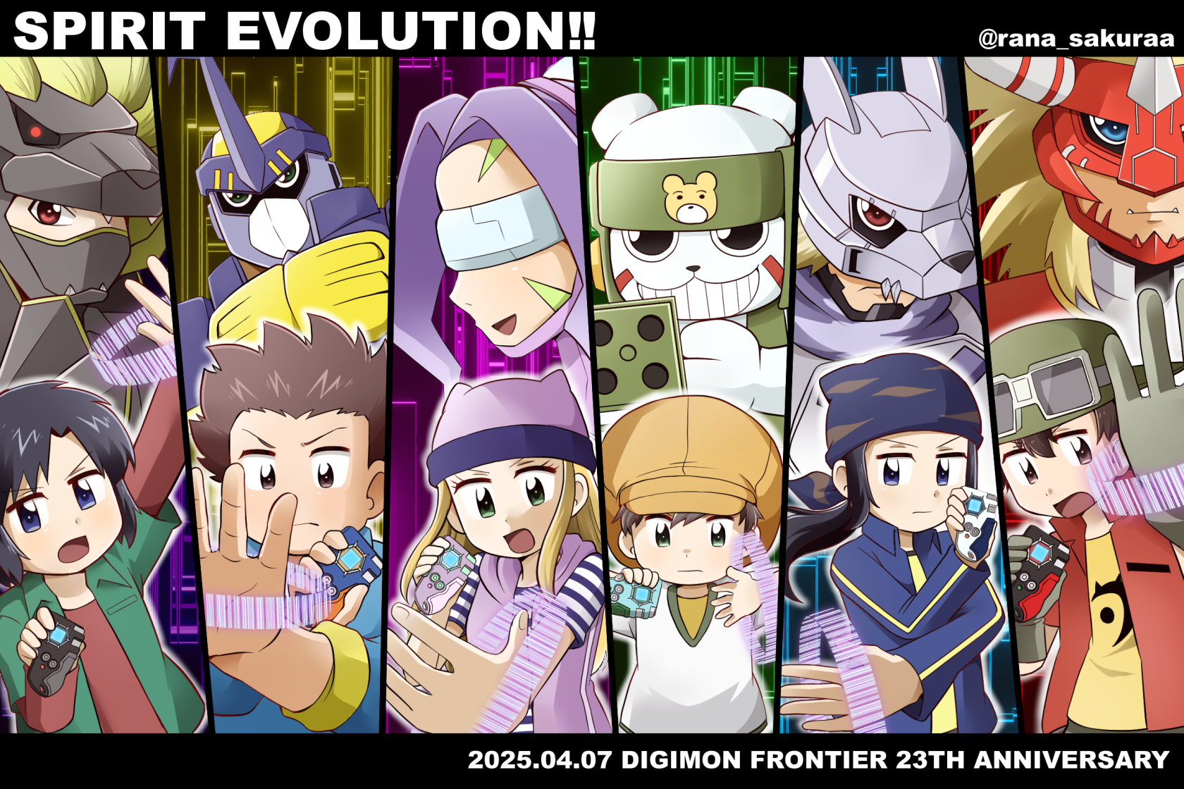 agnimon, blitzmon, chackmon, fairimon, himi tomoki, kanbara takuya, kimura kouichi, louwemon, minamoto kouji, orimoto izumi, shibayama junpei, wolfmon, digimon, digimon frontier, highres, 1girl, 5boys, armor, digimon (creature), hat, helmet, jacket, mask, multiple boys, pixiv user (109353683)