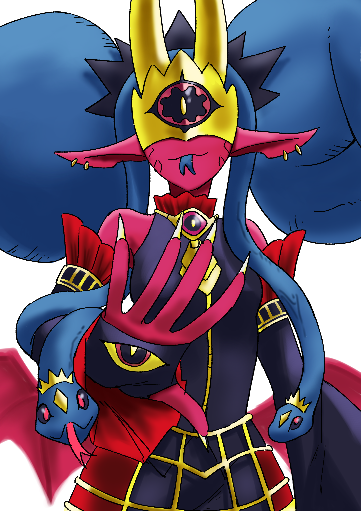 bluerido, medusamon, digimon, highres, crown, digimon (creature), mask, snake, snake hair