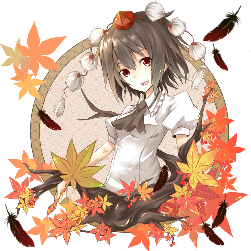 sasaki kouhei, shameimaru aya, touhou, bad id, bad pixiv id, 1girl, autumn leaves, black hair, female focus, hat, leaf, looking at viewer, open mouth, short hair, solo