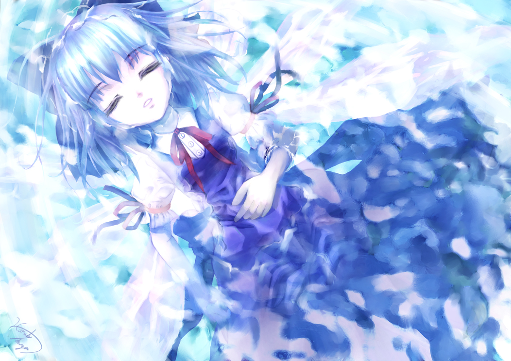 miyai haruki, cirno, embodiment of scarlet devil, touhou, bad id, bad pixiv id, 1girl, dress, female focus, miyai hare teru, ribbon, short hair, sleeping, solo, water, wings
