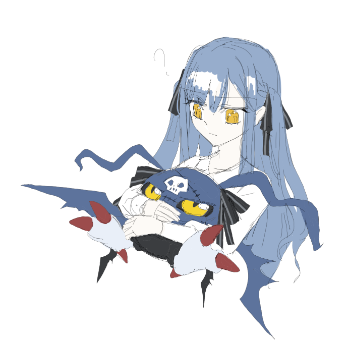 picodevimon, bang dream!, digimon, character request, annoyed, digimon (creature), myotis, ribbon, simple background, skull, white background