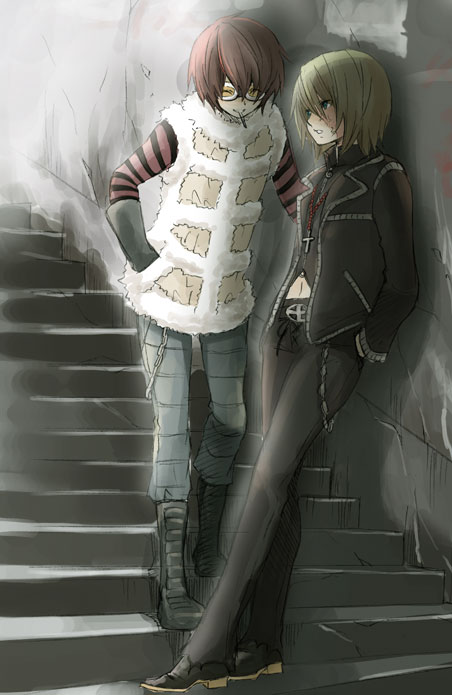 matt (death note), mello (death note), death note, 00s, belt, blonde hair, boots, chain, closed eyes, cross, goggles, jewelry, midriff, navel, necklace, open mouth, red hair, rosary, smile, smoking, stairs, vest