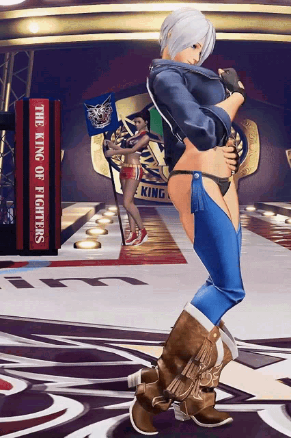angel (kof), snk, the king of fighters, the king of fighters xv, animated, animated gif, 1girl, 3d, black gloves, black jacket, black panties, blue eyes, boots, bouncing breasts, breasts, chaps, cleavage, collarbone, cowboy boots, cropped jacket, female focus, fingerless gloves, full body, game screenshot, gloves, hair over one eye, jacket, large breasts, leather, leather jacket, looking at viewer, midriff, navel, panties, revealing clothes, short hair, sidelocks, sped up, underwear, white hair