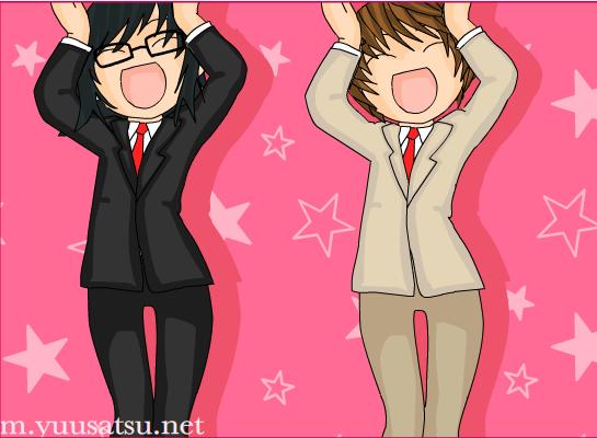 mikami teru, yagami light, death note, 00s, caramelldansen, closed eyes, formal clothes, glasses, necktie, open mouth, suit