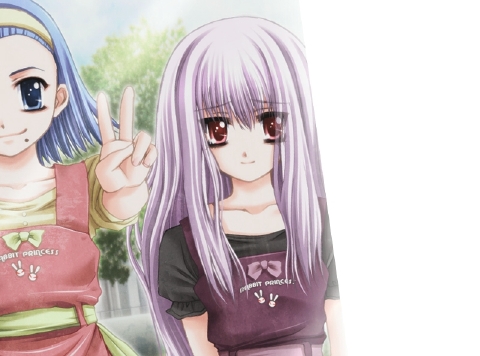 ueda metawo, yuka, yuka (gore screaming show), gore screaming show, game cg, lowres, 2girls, long hair, multiple girls, otonashi momone, purple hair, red eyes